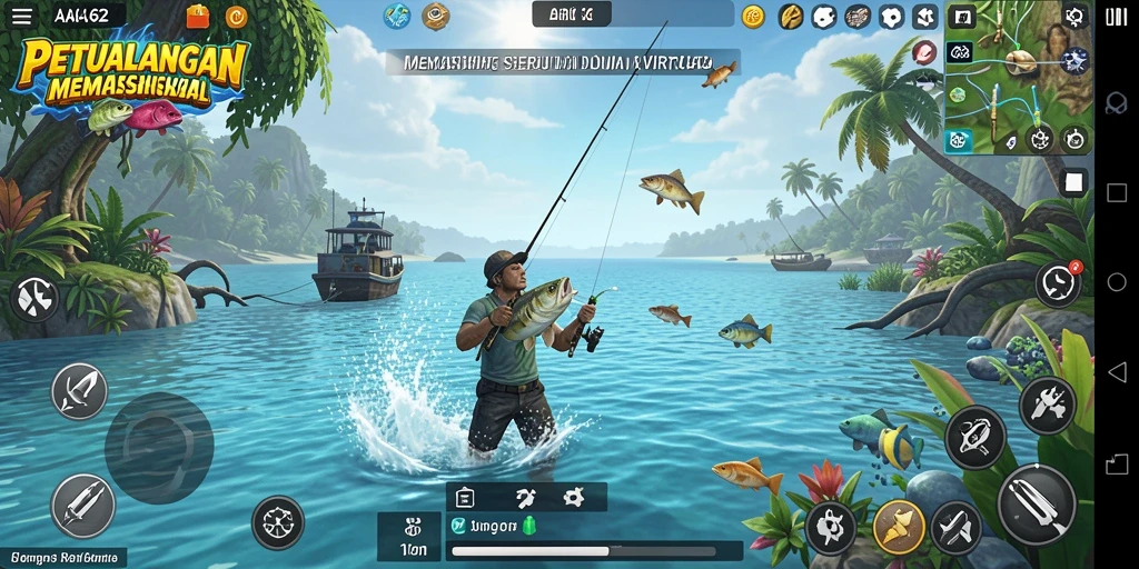 Tangkapan layar menunjukkan gameplay memancing yang seru dan interaktif.