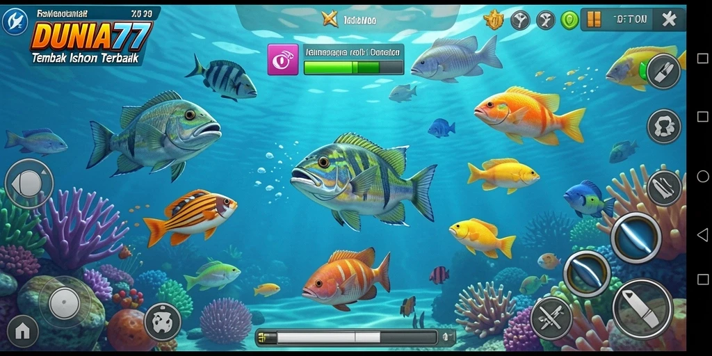 Screenshot gameplay DUNIA77 menampilkan aksi menembak ikan yang seru.