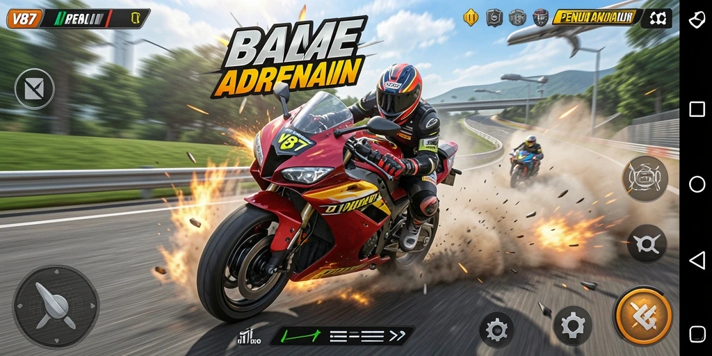 Screenshot gameplay V87 menampilkan balapan motor yang seru dan menegangkan.